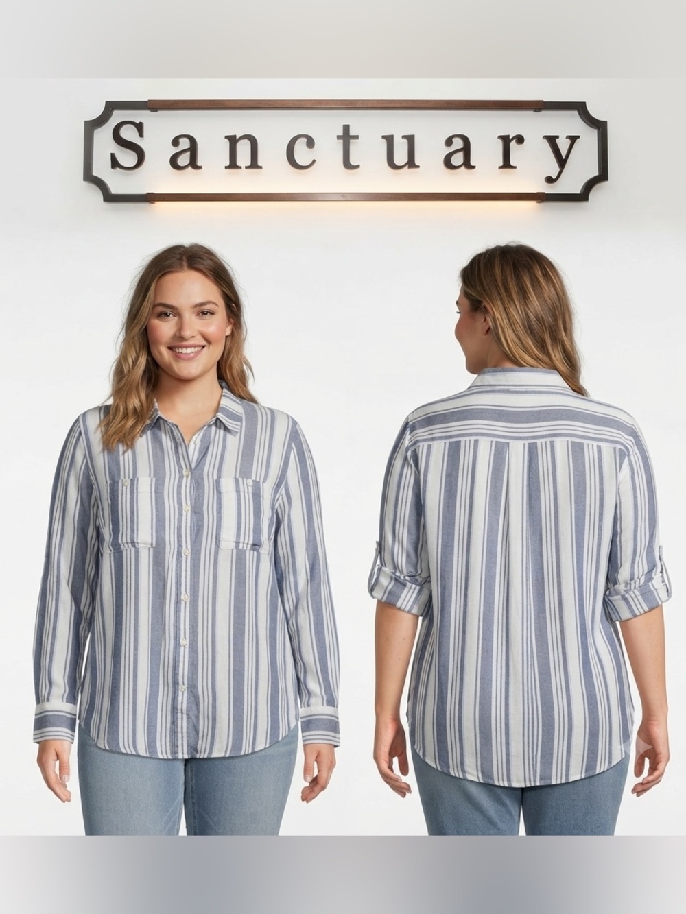 Sanctuary Tomboy Strip Shirt Roll Tab Sleeves Large